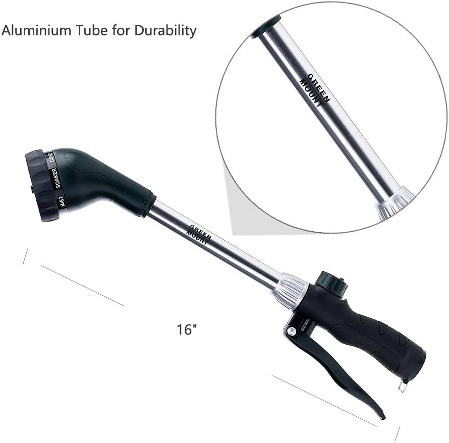 Watering Wand 16-Inch, Heavy Duty Garden Wand with 8 Spray Patterns | Ergonomic & Lightweight for Easy Watering | Ideal for Hanging Baskets, Potted Plants, Window Boxes，Blackish Green