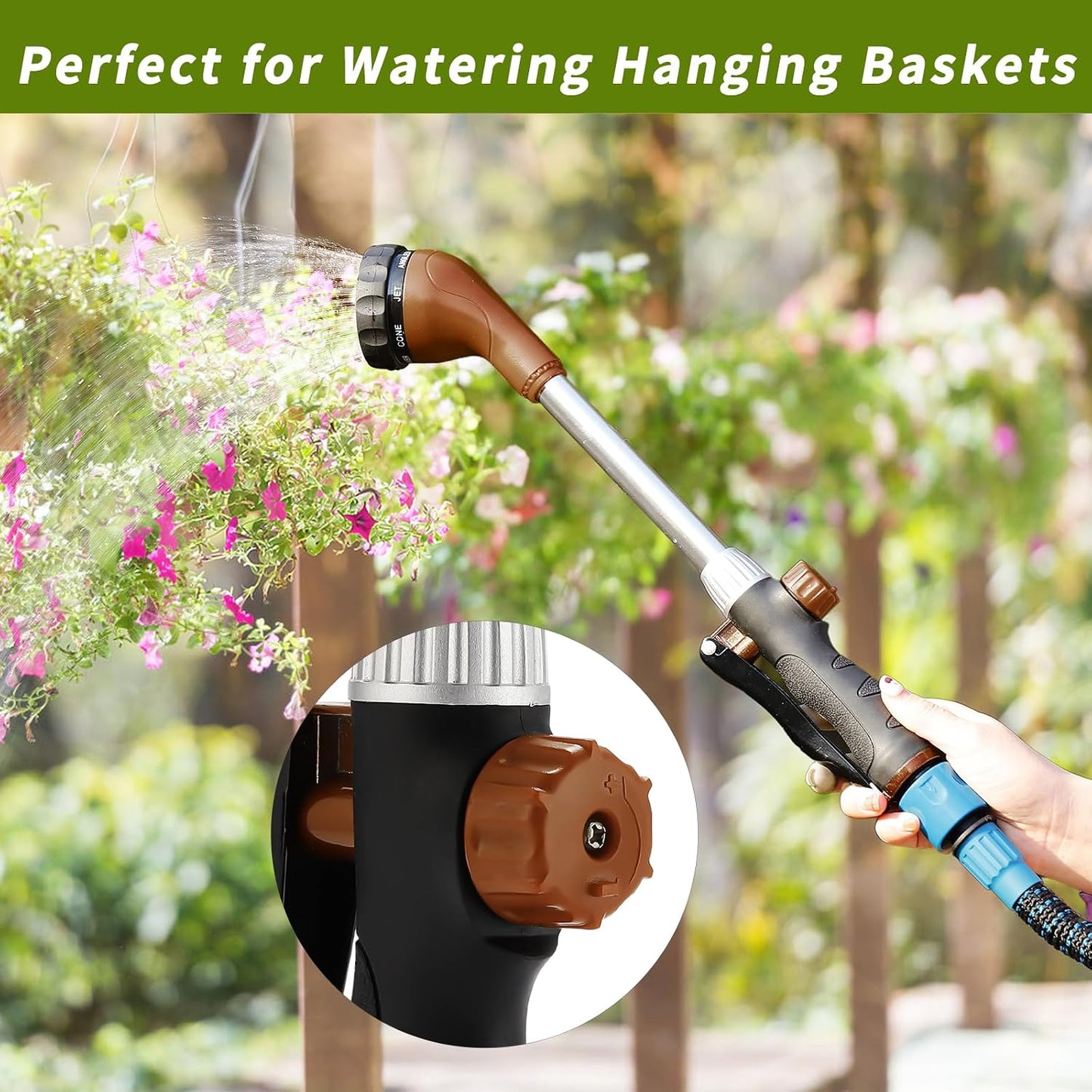 Watering Wand 16-Inch, Heavy Duty Garden Wand with 8 Spray Patterns | Ergonomic & Lightweight for Easy Watering | Ideal for Hanging Baskets, Potted Plants, Window Boxes，Blackish Green