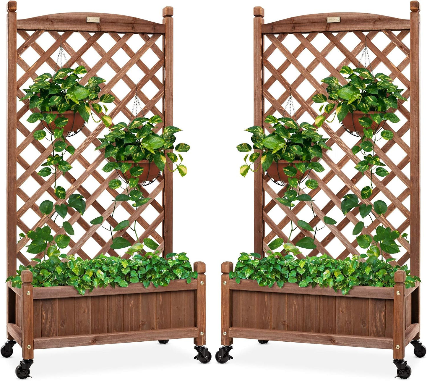 Set of 2 48in Wood Planter Box & Diamond Lattice Trellis, Mobile Outdoor Raised Garden Bed for Climbing Plants w/Drainage Holes, Optional Wheels - Walnut