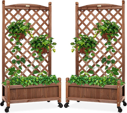 Set of 2 48in Wood Planter Box & Diamond Lattice Trellis, Mobile Outdoor Raised Garden Bed for Climbing Plants w/Drainage Holes, Optional Wheels - Walnut