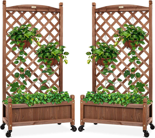Set of 2 48in Wood Planter Box & Diamond Lattice Trellis, Mobile Outdoor Raised Garden Bed for Climbing Plants w/Drainage Holes, Optional Wheels - Walnut