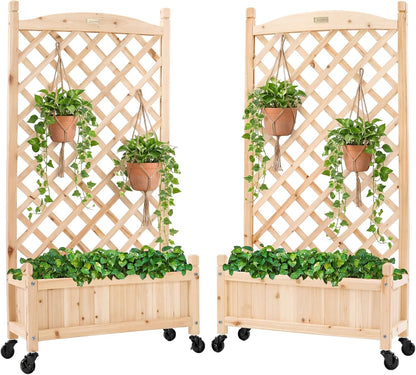 Set of 2 48in Wood Planter Box & Diamond Lattice Trellis, Mobile Outdoor Raised Garden Bed for Climbing Plants w/Drainage Holes, Optional Wheels - Walnut