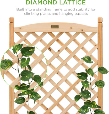 Set of 2 48in Wood Planter Box & Diamond Lattice Trellis, Mobile Outdoor Raised Garden Bed for Climbing Plants w/Drainage Holes, Optional Wheels - Walnut