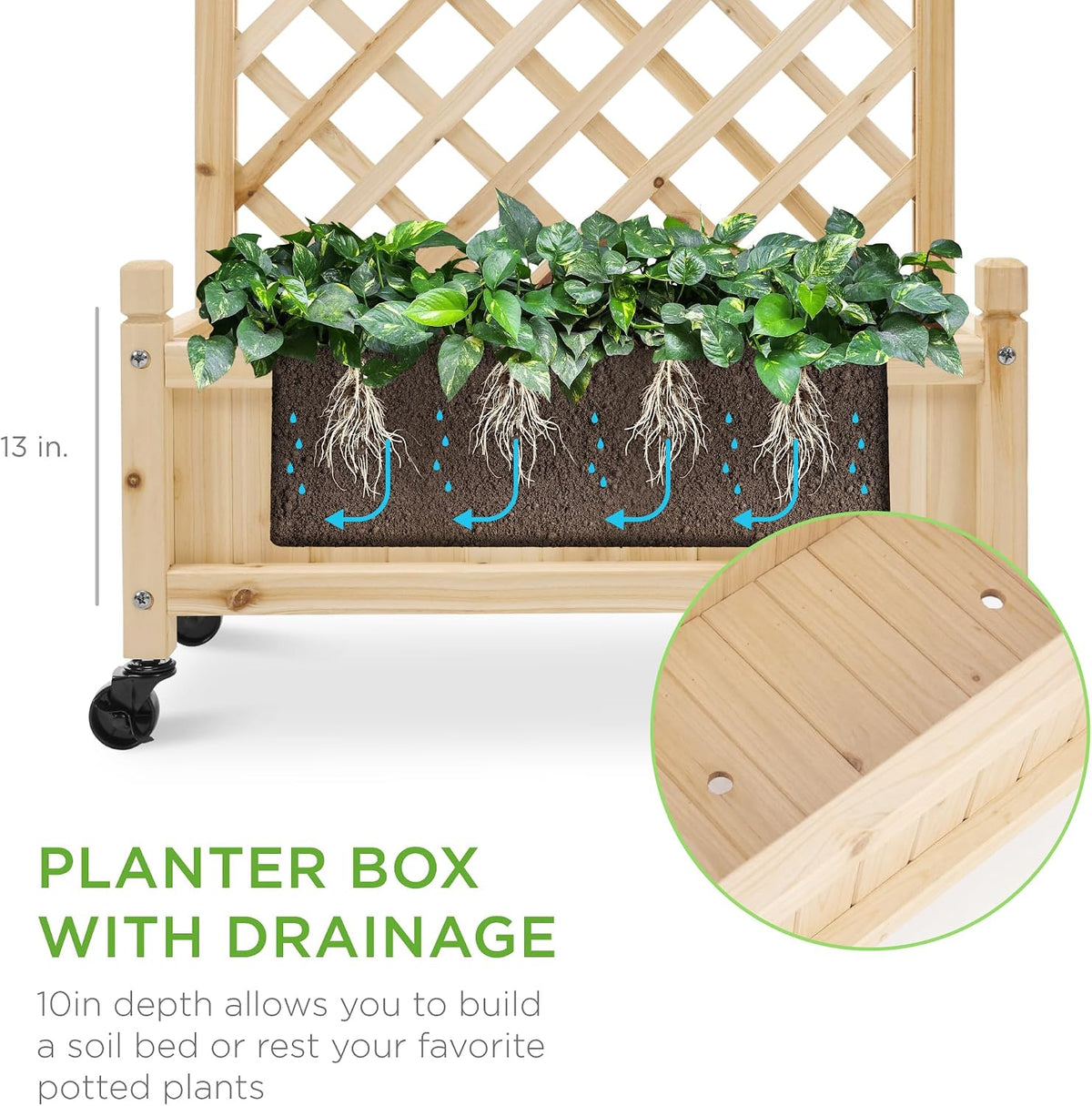 Set of 2 48in Wood Planter Box & Diamond Lattice Trellis, Mobile Outdoor Raised Garden Bed for Climbing Plants w/Drainage Holes, Optional Wheels - Walnut