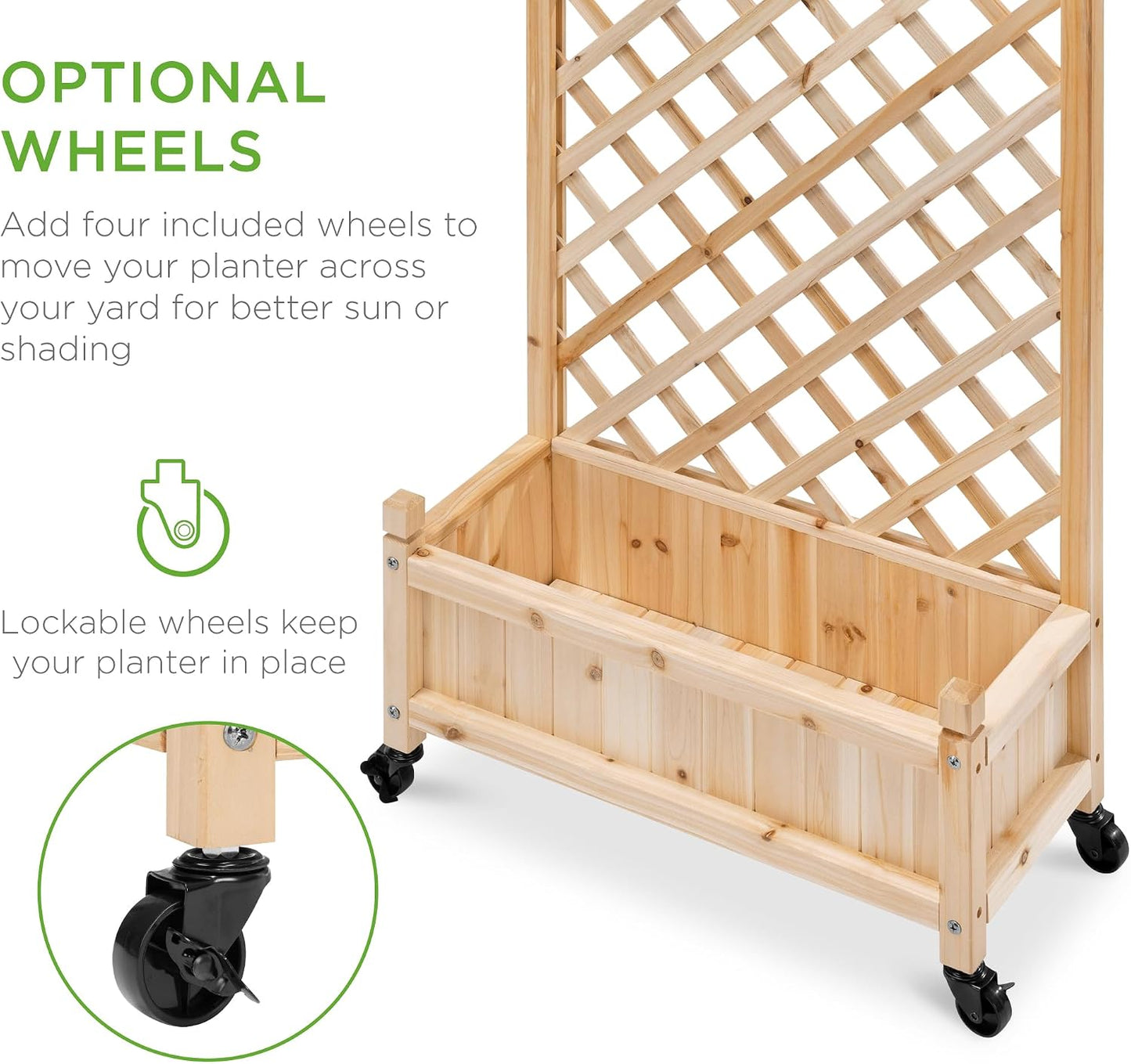 Set of 2 48in Wood Planter Box & Diamond Lattice Trellis, Mobile Outdoor Raised Garden Bed for Climbing Plants w/Drainage Holes, Optional Wheels - Walnut