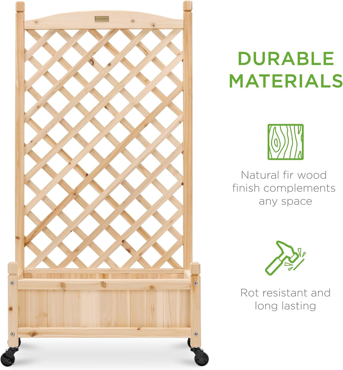 Set of 2 48in Wood Planter Box & Diamond Lattice Trellis, Mobile Outdoor Raised Garden Bed for Climbing Plants w/Drainage Holes, Optional Wheels - Walnut