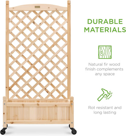 Set of 2 48in Wood Planter Box & Diamond Lattice Trellis, Mobile Outdoor Raised Garden Bed for Climbing Plants w/Drainage Holes, Optional Wheels - Walnut