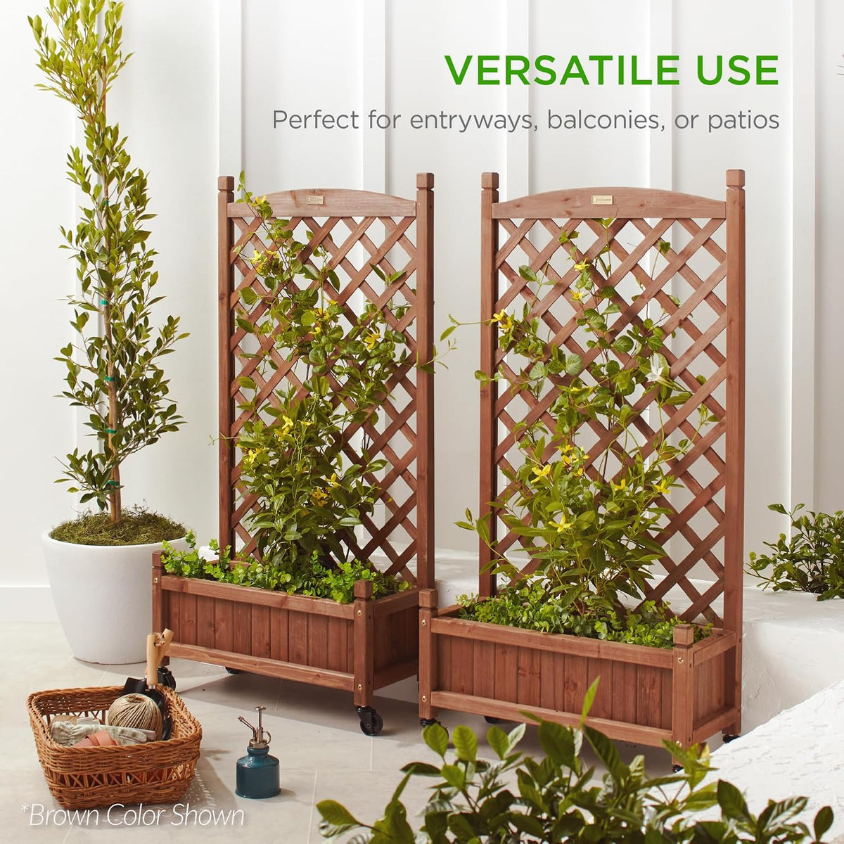 Set of 2 48in Wood Planter Box & Diamond Lattice Trellis, Mobile Outdoor Raised Garden Bed for Climbing Plants w/Drainage Holes, Optional Wheels - Walnut