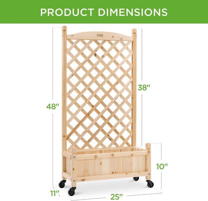 Set of 2 48in Wood Planter Box & Diamond Lattice Trellis, Mobile Outdoor Raised Garden Bed for Climbing Plants w/Drainage Holes, Optional Wheels - Walnut
