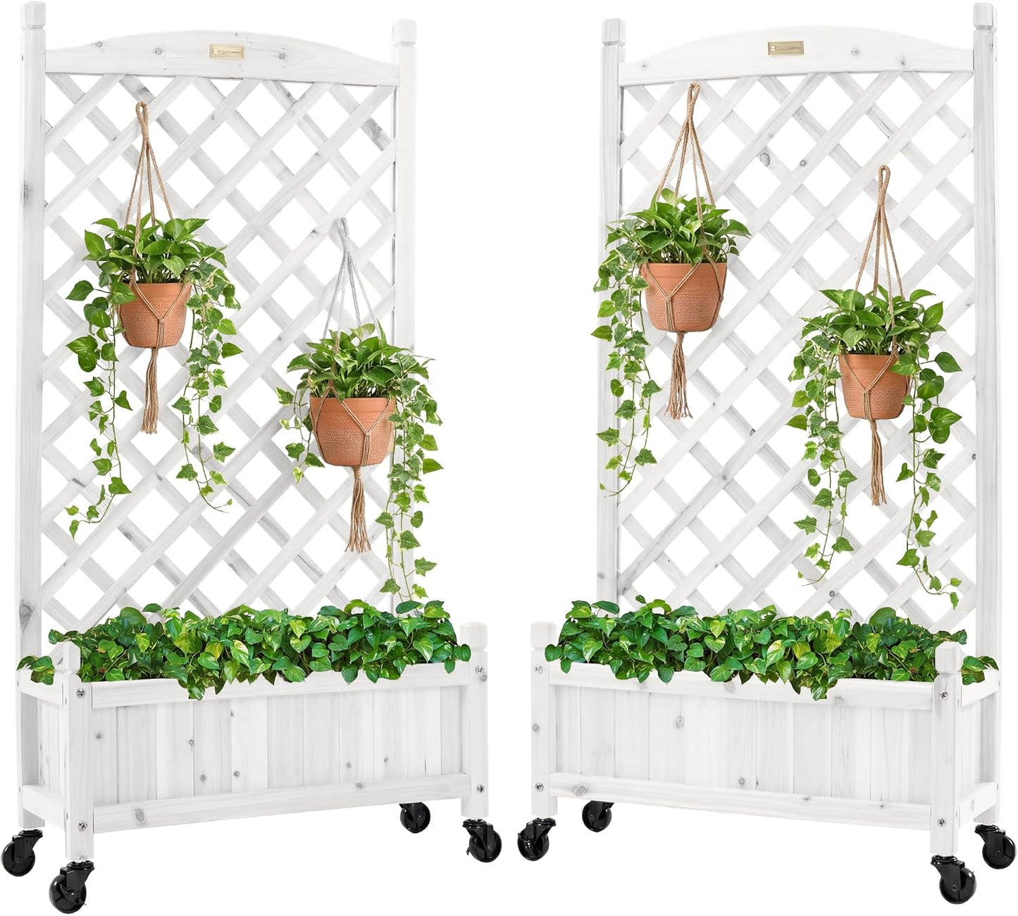 Set of 2 48in Wood Planter Box & Diamond Lattice Trellis, Mobile Outdoor Raised Garden Bed for Climbing Plants w/Drainage Holes, Optional Wheels - Walnut