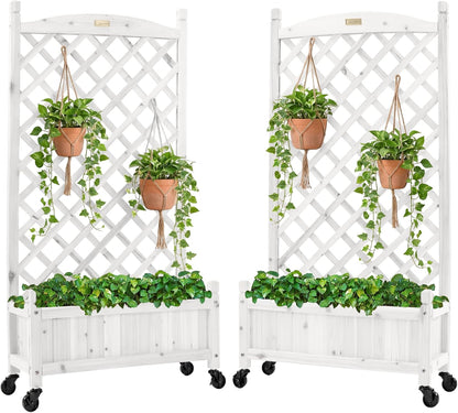 Set of 2 48in Wood Planter Box & Diamond Lattice Trellis, Mobile Outdoor Raised Garden Bed for Climbing Plants w/Drainage Holes, Optional Wheels - Walnut