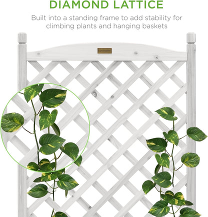 Set of 2 48in Wood Planter Box & Diamond Lattice Trellis, Mobile Outdoor Raised Garden Bed for Climbing Plants w/Drainage Holes, Optional Wheels - Walnut