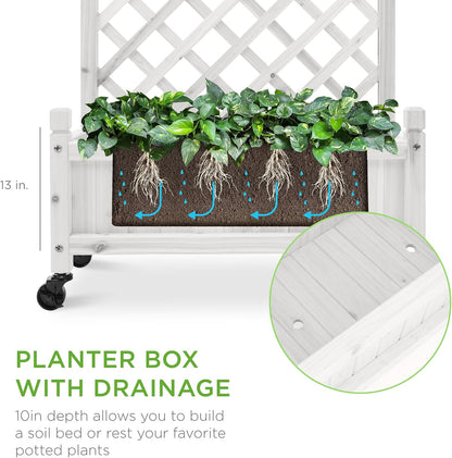 Set of 2 48in Wood Planter Box & Diamond Lattice Trellis, Mobile Outdoor Raised Garden Bed for Climbing Plants w/Drainage Holes, Optional Wheels - Walnut