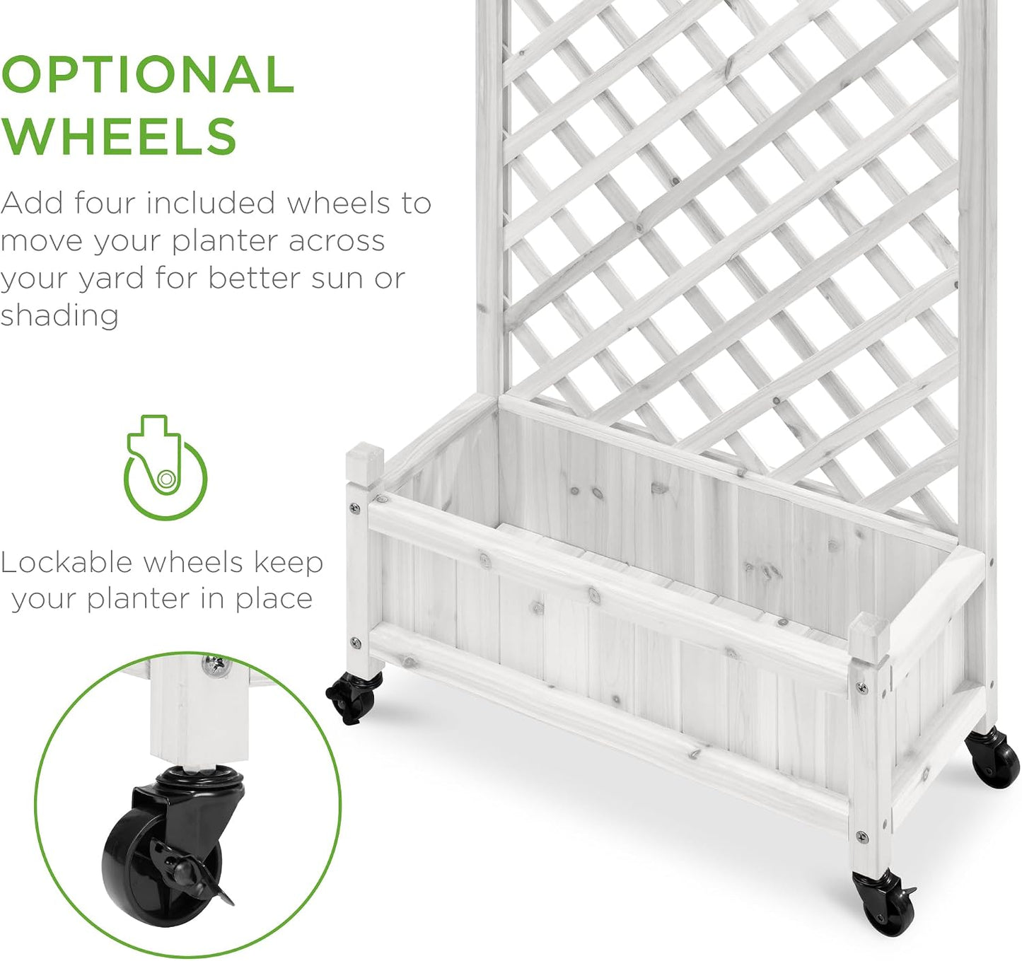 Set of 2 48in Wood Planter Box & Diamond Lattice Trellis, Mobile Outdoor Raised Garden Bed for Climbing Plants w/Drainage Holes, Optional Wheels - Walnut