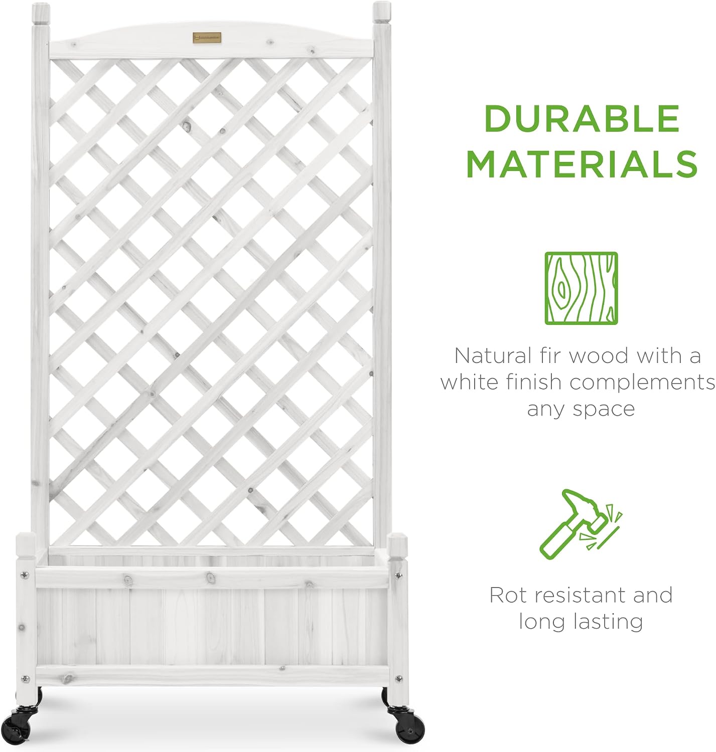 Set of 2 48in Wood Planter Box & Diamond Lattice Trellis, Mobile Outdoor Raised Garden Bed for Climbing Plants w/Drainage Holes, Optional Wheels - Walnut