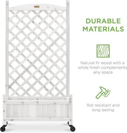 Set of 2 48in Wood Planter Box & Diamond Lattice Trellis, Mobile Outdoor Raised Garden Bed for Climbing Plants w/Drainage Holes, Optional Wheels - Walnut