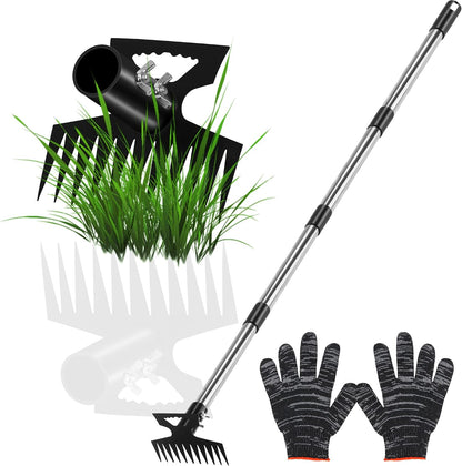 2 in 1 Weeding Puller Tool with Long Handle, 11 Tooth Manual Weed Remover Easy to Install, Uprooting Weed Pulling Tool for Yard, Lawn, Patio and Garden