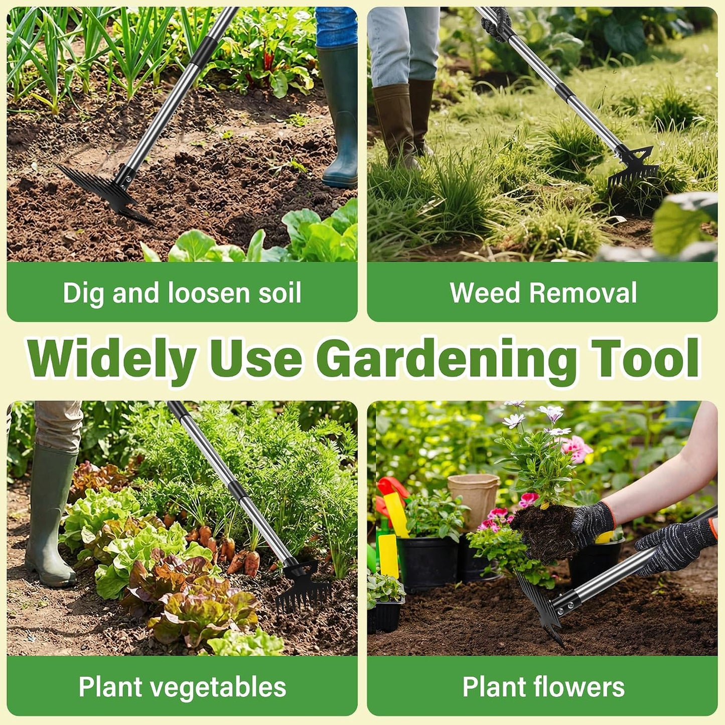 2 in 1 Weeding Puller Tool with Long Handle, 11 Tooth Manual Weed Remover Easy to Install, Uprooting Weed Pulling Tool for Yard, Lawn, Patio and Garden