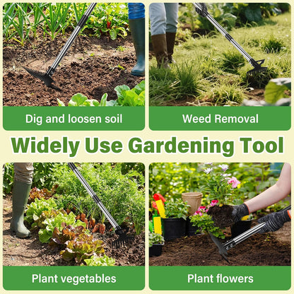 2 in 1 Weeding Puller Tool with Long Handle, 11 Tooth Manual Weed Remover Easy to Install, Uprooting Weed Pulling Tool for Yard, Lawn, Patio and Garden