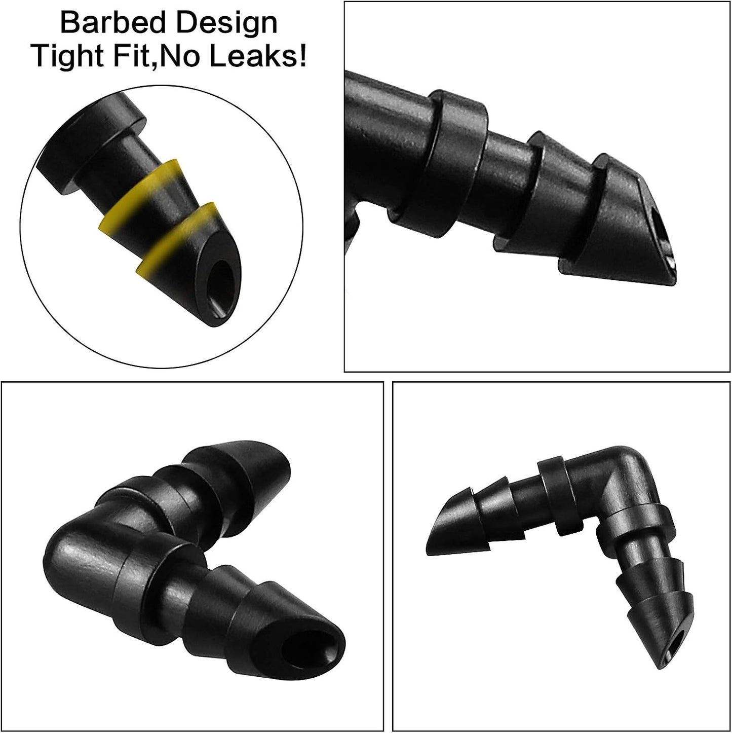 300 Pcs Barbed Connectors Irrigation Fittings Kit, Drip Irrigation Fittings 1/4” Tubing Connectors for Drip or Sprinkler Systems-Couplings, Single Barbs, End Plugs, Elbows, Tees, 4-Way Coupler