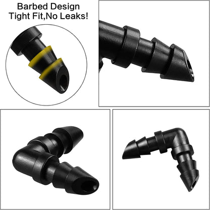 300 Pcs Barbed Connectors Irrigation Fittings Kit, Drip Irrigation Fittings 1/4” Tubing Connectors for Drip or Sprinkler Systems-Couplings, Single Barbs, End Plugs, Elbows, Tees, 4-Way Coupler