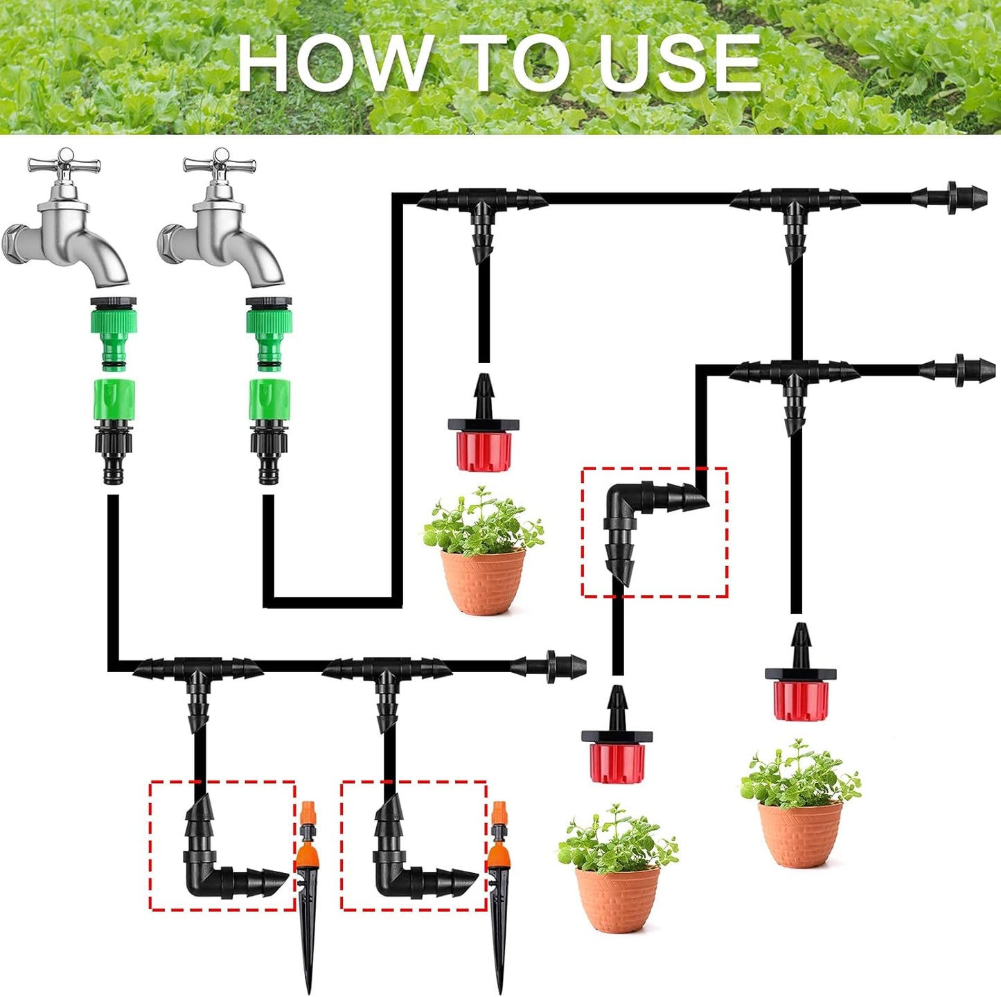 300 Pcs Barbed Connectors Irrigation Fittings Kit, Drip Irrigation Fittings 1/4” Tubing Connectors for Drip or Sprinkler Systems-Couplings, Single Barbs, End Plugs, Elbows, Tees, 4-Way Coupler