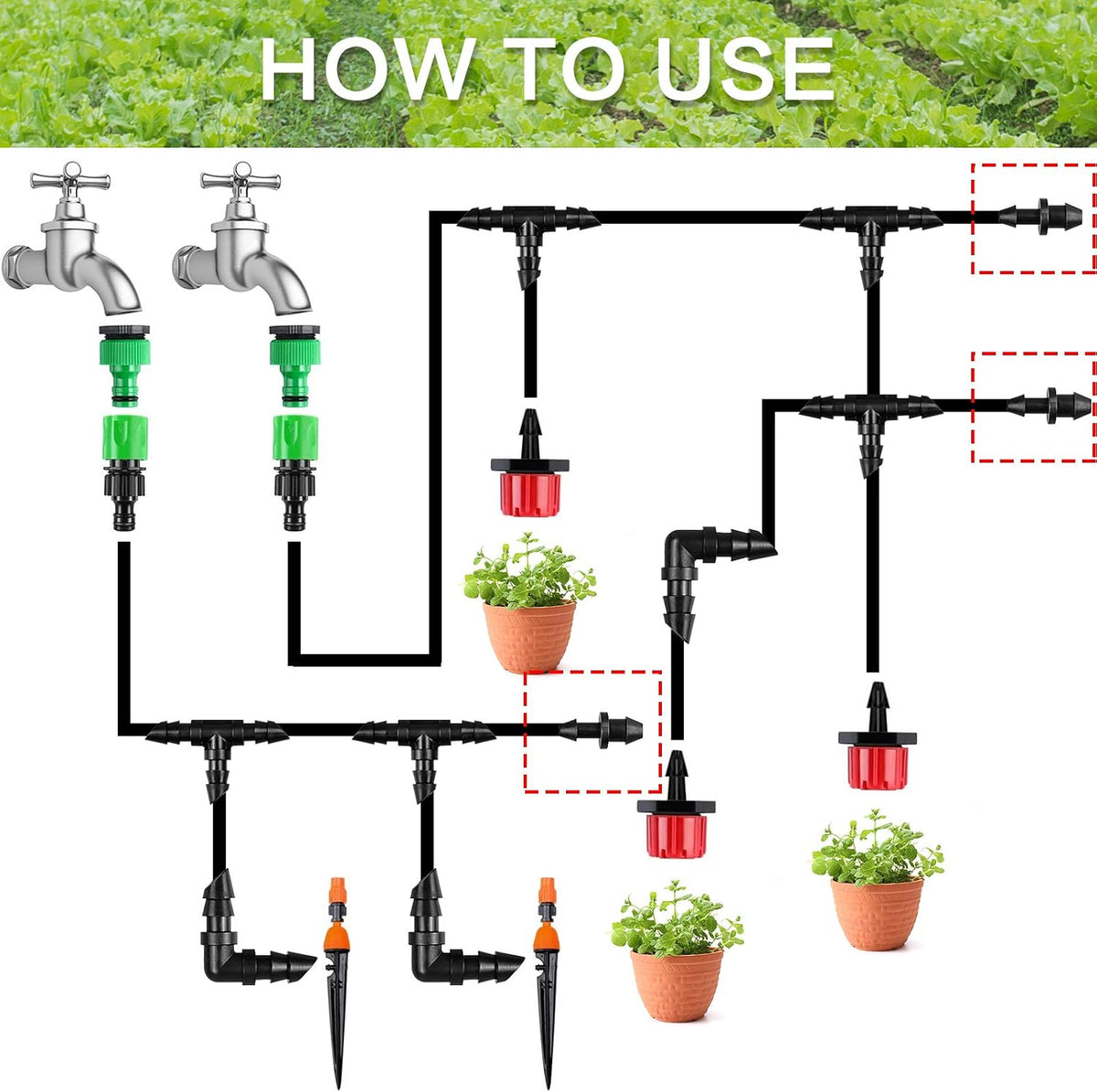 300 Pcs Barbed Connectors Irrigation Fittings Kit, Drip Irrigation Fittings 1/4” Tubing Connectors for Drip or Sprinkler Systems-Couplings, Single Barbs, End Plugs, Elbows, Tees, 4-Way Coupler