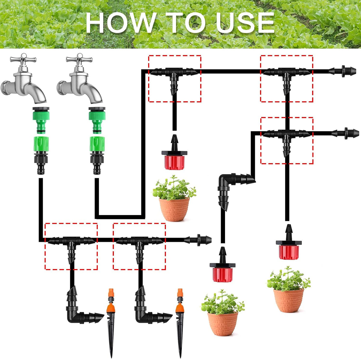 300 Pcs Barbed Connectors Irrigation Fittings Kit, Drip Irrigation Fittings 1/4” Tubing Connectors for Drip or Sprinkler Systems-Couplings, Single Barbs, End Plugs, Elbows, Tees, 4-Way Coupler