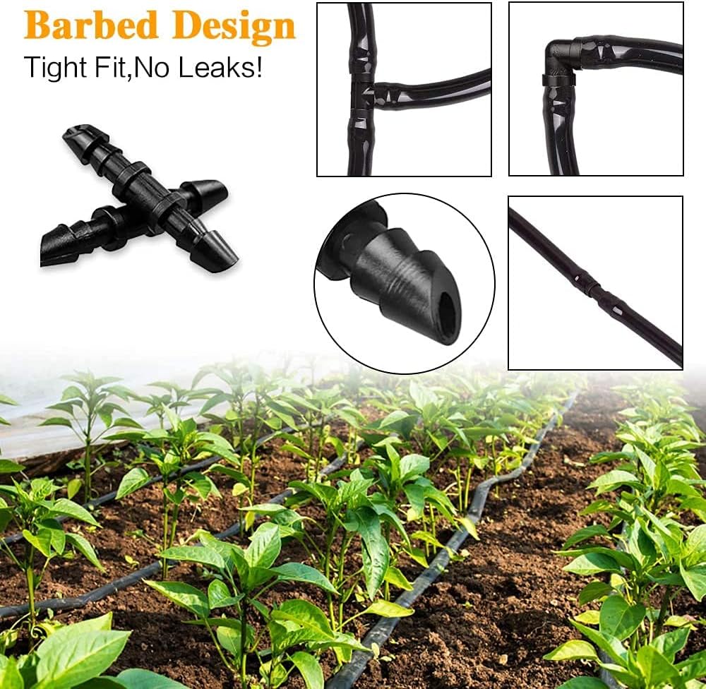 300 Pcs Barbed Connectors Irrigation Fittings Kit, Drip Irrigation Fittings 1/4” Tubing Connectors for Drip or Sprinkler Systems-Couplings, Single Barbs, End Plugs, Elbows, Tees, 4-Way Coupler