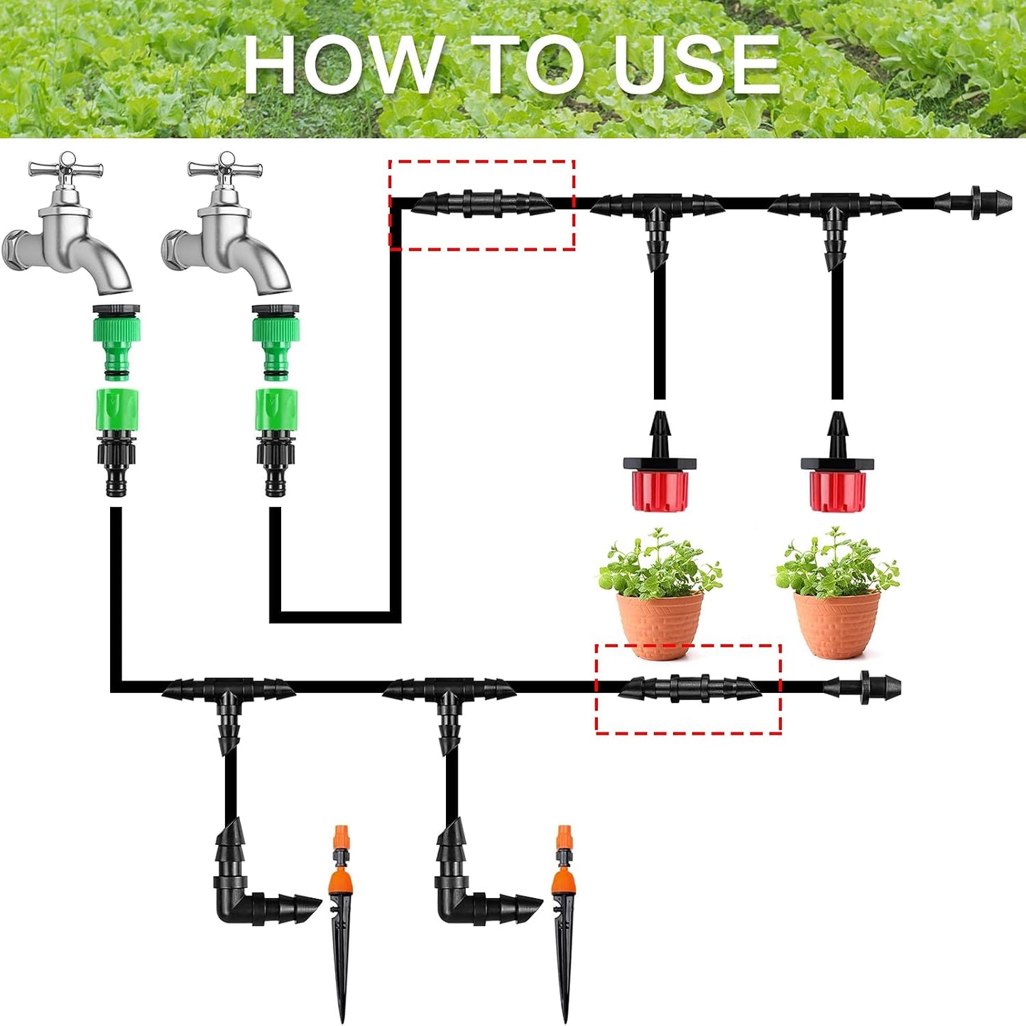 300 Pcs Barbed Connectors Irrigation Fittings Kit, Drip Irrigation Fittings 1/4” Tubing Connectors for Drip or Sprinkler Systems-Couplings, Single Barbs, End Plugs, Elbows, Tees, 4-Way Coupler