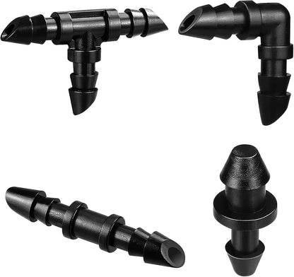 300 Pcs Barbed Connectors Irrigation Fittings Kit, Drip Irrigation Fittings 1/4” Tubing Connectors for Drip or Sprinkler Systems-Couplings, Single Barbs, End Plugs, Elbows, Tees, 4-Way Coupler