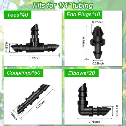300 Pcs Barbed Connectors Irrigation Fittings Kit, Drip Irrigation Fittings 1/4” Tubing Connectors for Drip or Sprinkler Systems-Couplings, Single Barbs, End Plugs, Elbows, Tees, 4-Way Coupler