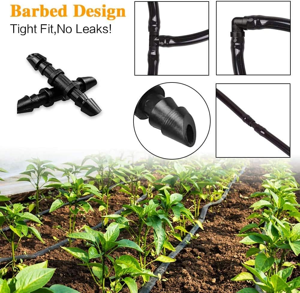 300 Pcs Barbed Connectors Irrigation Fittings Kit, Drip Irrigation Fittings 1/4” Tubing Connectors for Drip or Sprinkler Systems-Couplings, Single Barbs, End Plugs, Elbows, Tees, 4-Way Coupler