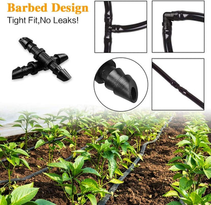 300 Pcs Barbed Connectors Irrigation Fittings Kit, Drip Irrigation Fittings 1/4” Tubing Connectors for Drip or Sprinkler Systems-Couplings, Single Barbs, End Plugs, Elbows, Tees, 4-Way Coupler