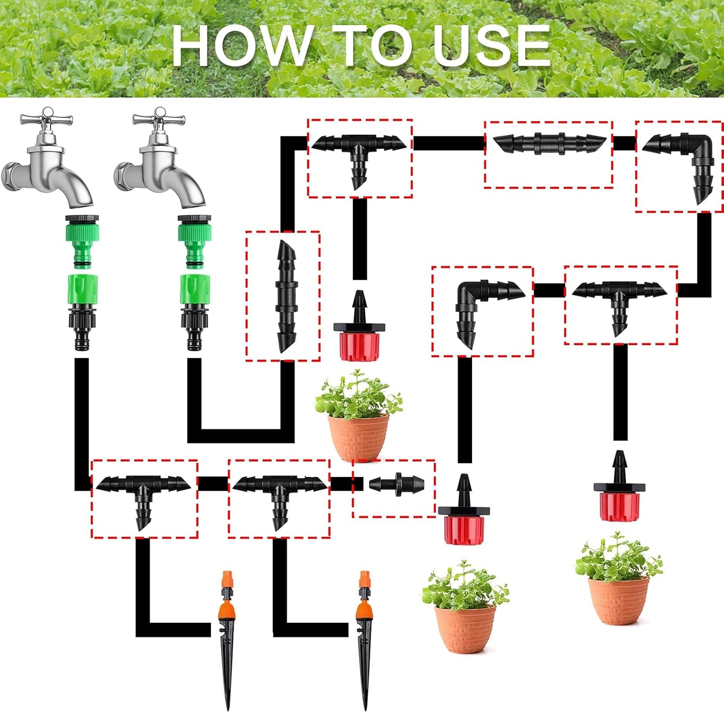 300 Pcs Barbed Connectors Irrigation Fittings Kit, Drip Irrigation Fittings 1/4” Tubing Connectors for Drip or Sprinkler Systems-Couplings, Single Barbs, End Plugs, Elbows, Tees, 4-Way Coupler