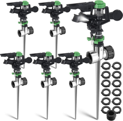 6 Pieces Pulsating Sprinklers with Metal Spike, Adjustable Rotating Impact Sprinkler Large Area Coverage Sprinklers for Yard Lawn Garden Above Ground Sprinkler System (Black and Green)
