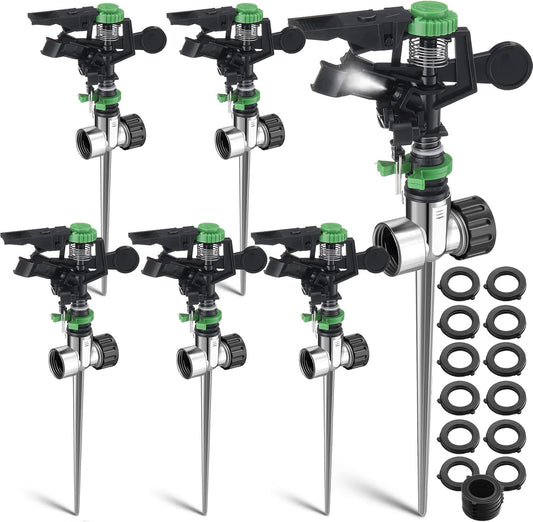 6 Pieces Pulsating Sprinklers with Metal Spike, Adjustable Rotating Impact Sprinkler Large Area Coverage Sprinklers for Yard Lawn Garden Above Ground Sprinkler System (Black and Green)