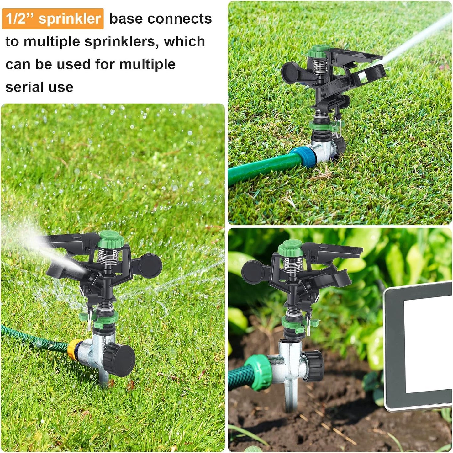 6 Pieces Pulsating Sprinklers with Metal Spike, Adjustable Rotating Impact Sprinkler Large Area Coverage Sprinklers for Yard Lawn Garden Above Ground Sprinkler System (Black and Green)