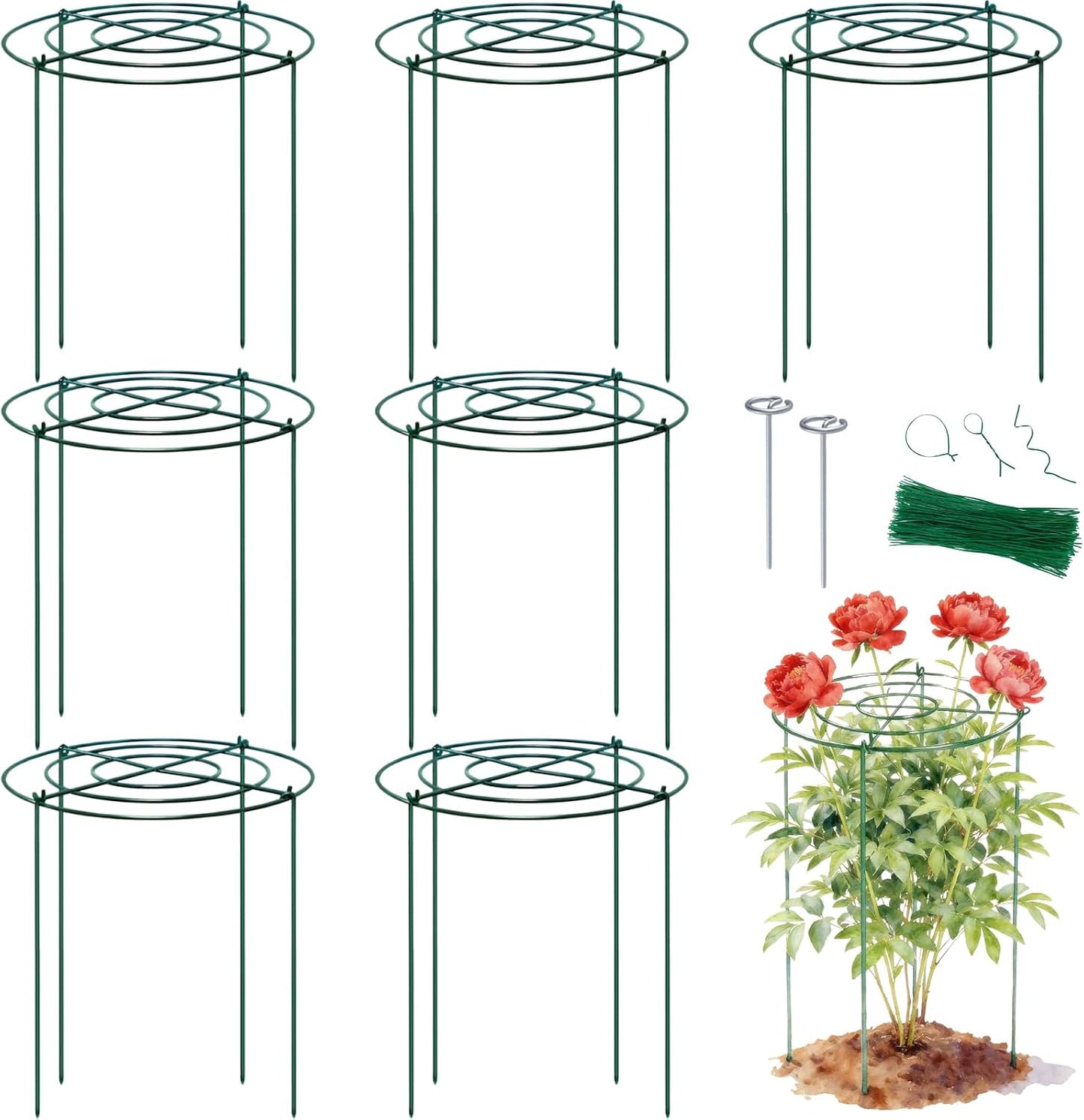 8 Pack Peony Cages and Supports - Heavy Duty Grow Through Metal Plant Support for Outdoor Plants - Plant Support Frame Ring for Rose Tomato Hydrangea Sage Strawberry 12" D x 16" H