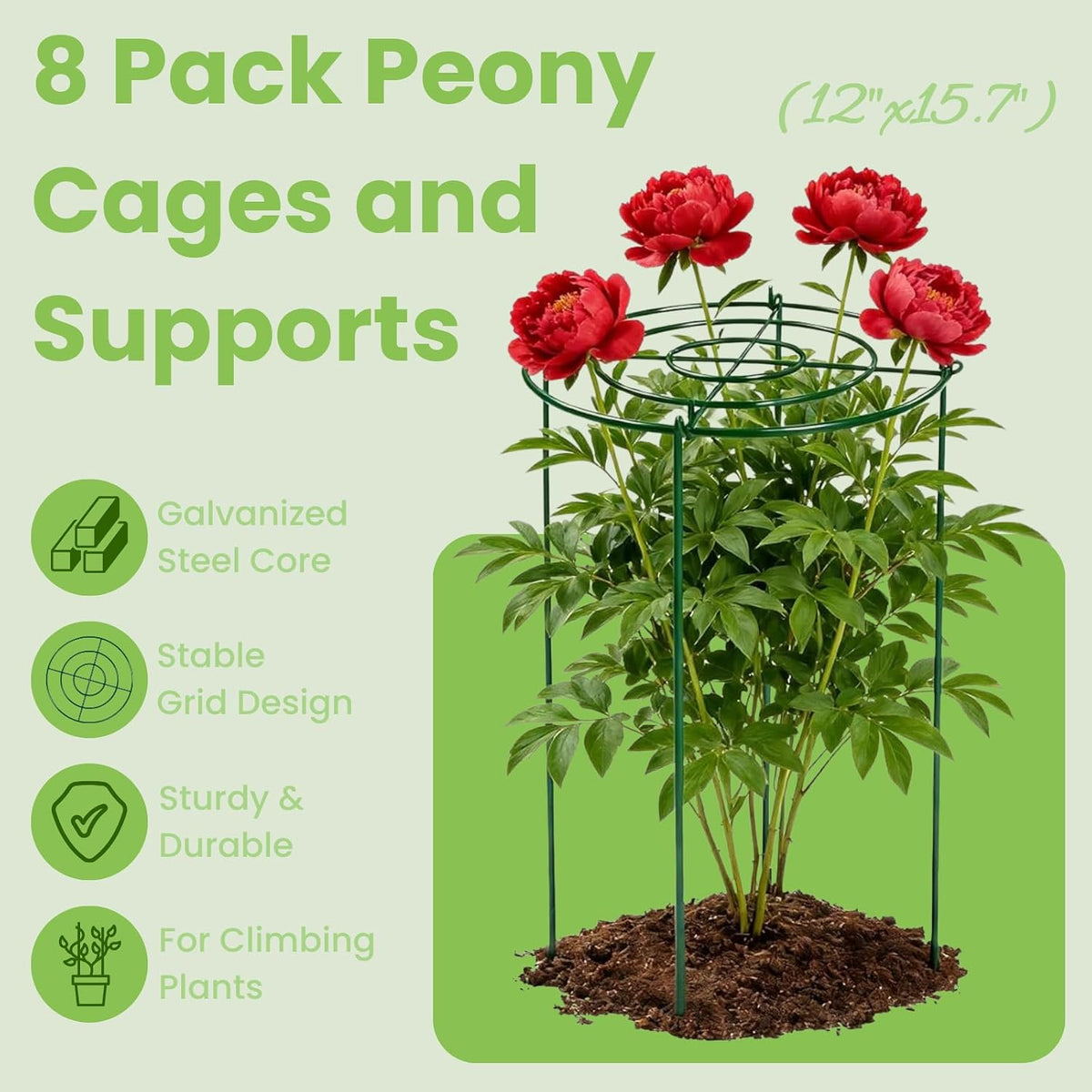 8 Pack Peony Cages and Supports - Heavy Duty Grow Through Metal Plant Support for Outdoor Plants - Plant Support Frame Ring for Rose Tomato Hydrangea Sage Strawberry 12" D x 16" H