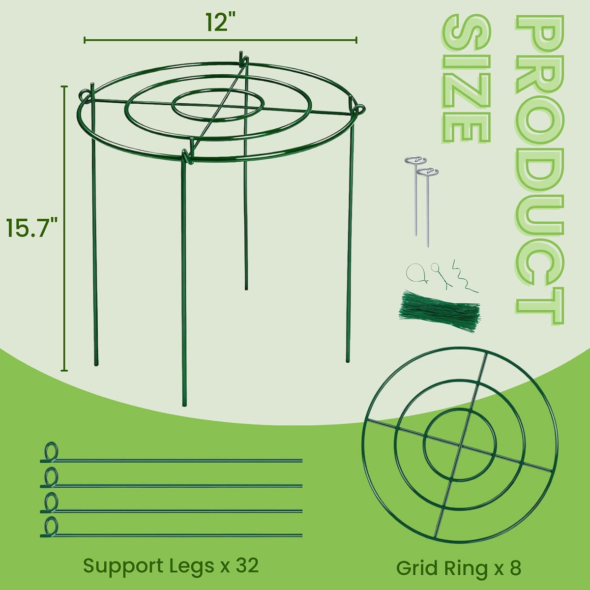 8 Pack Peony Cages and Supports - Heavy Duty Grow Through Metal Plant Support for Outdoor Plants - Plant Support Frame Ring for Rose Tomato Hydrangea Sage Strawberry 12" D x 16" H