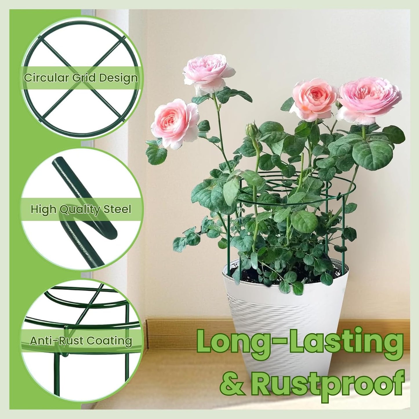 8 Pack Peony Cages and Supports - Heavy Duty Grow Through Metal Plant Support for Outdoor Plants - Plant Support Frame Ring for Rose Tomato Hydrangea Sage Strawberry 12" D x 16" H