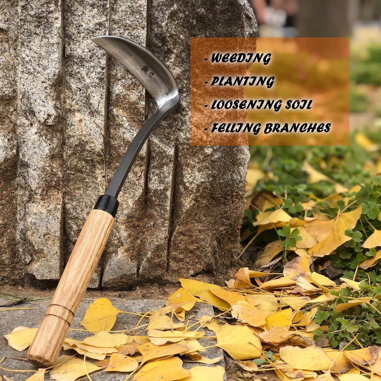 Japanese Weeding Sickle Hoe Gardening Tools 13-Inch Weed Remover Tool High-Carbon Steel One-Piece Molding with Hard Solid Wood Handle(Snake-Necked)