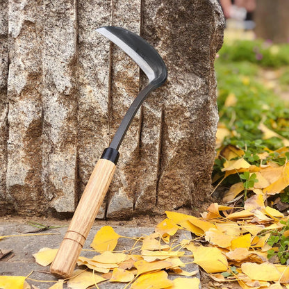 Japanese Weeding Sickle Hoe Gardening Tools 13-Inch Weed Remover Tool High-Carbon Steel One-Piece Molding with Hard Solid Wood Handle(Snake-Necked)