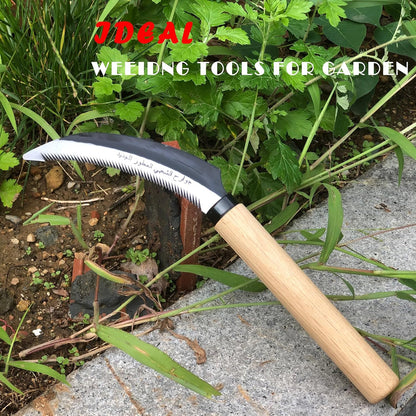 Japanese Weeding Sickle Hoe Gardening Tools 13-Inch Weed Remover Tool High-Carbon Steel One-Piece Molding with Hard Solid Wood Handle(Snake-Necked)