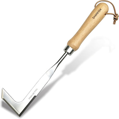 Japanese Weeding Sickle Hoe Gardening Tools 13-Inch Weed Remover Tool High-Carbon Steel One-Piece Molding with Hard Solid Wood Handle(Snake-Necked)