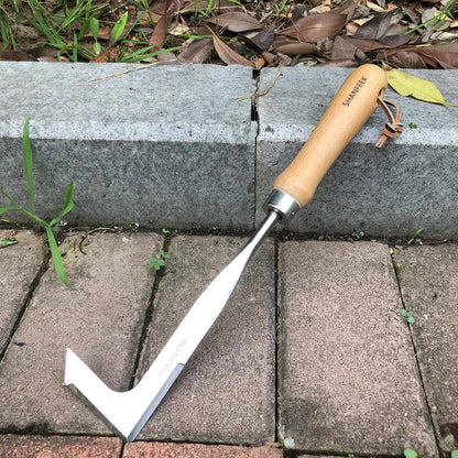 Japanese Weeding Sickle Hoe Gardening Tools 13-Inch Weed Remover Tool High-Carbon Steel One-Piece Molding with Hard Solid Wood Handle(Snake-Necked)