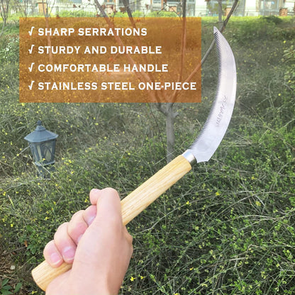 Japanese Weeding Sickle Hoe Gardening Tools 13-Inch Weed Remover Tool High-Carbon Steel One-Piece Molding with Hard Solid Wood Handle(Snake-Necked)