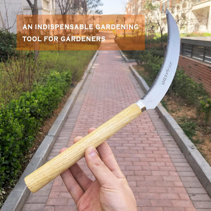 Japanese Weeding Sickle Hoe Gardening Tools 13-Inch Weed Remover Tool High-Carbon Steel One-Piece Molding with Hard Solid Wood Handle(Snake-Necked)