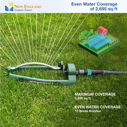 Oscillating Sprinkler 100006, Adjustable Pattern to Cover Up to 2,695 Square Feet, 17 Brass Nozzles on Metal Tube for Even Lawn Watering